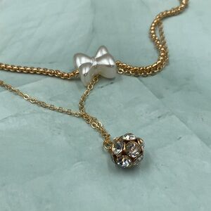 Giftable Double Strand Bow and Crystal Layered Necklace